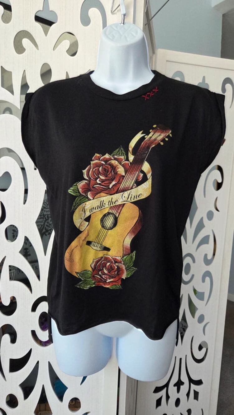 Bohemian Cowgirl Johnny Cash I Walk The Line Graphic Muscle Tee Shirt Black S